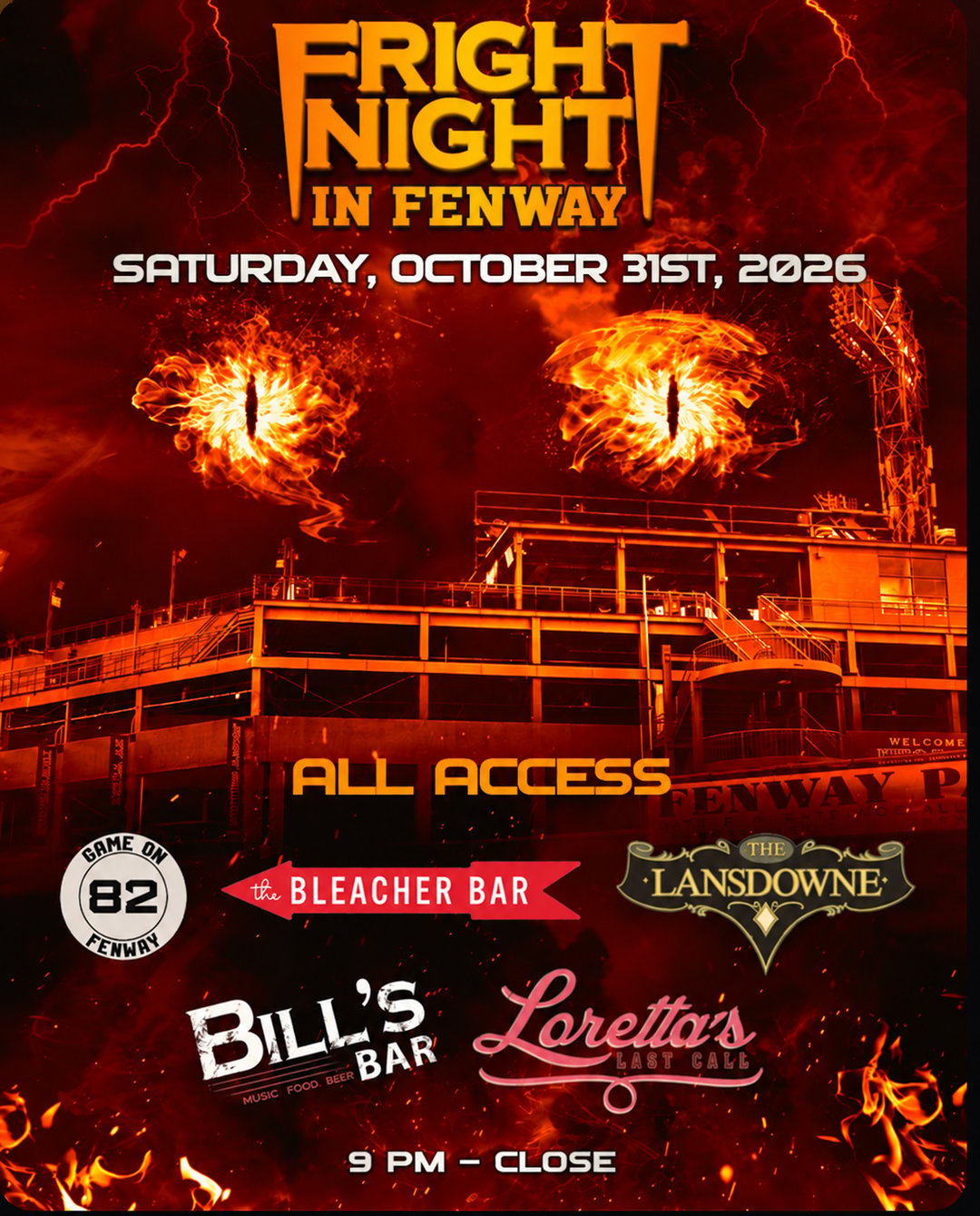 FRIGHT NIGHT IN FENWAY - ALL ACCESS BAR PASS 10/31 flyer